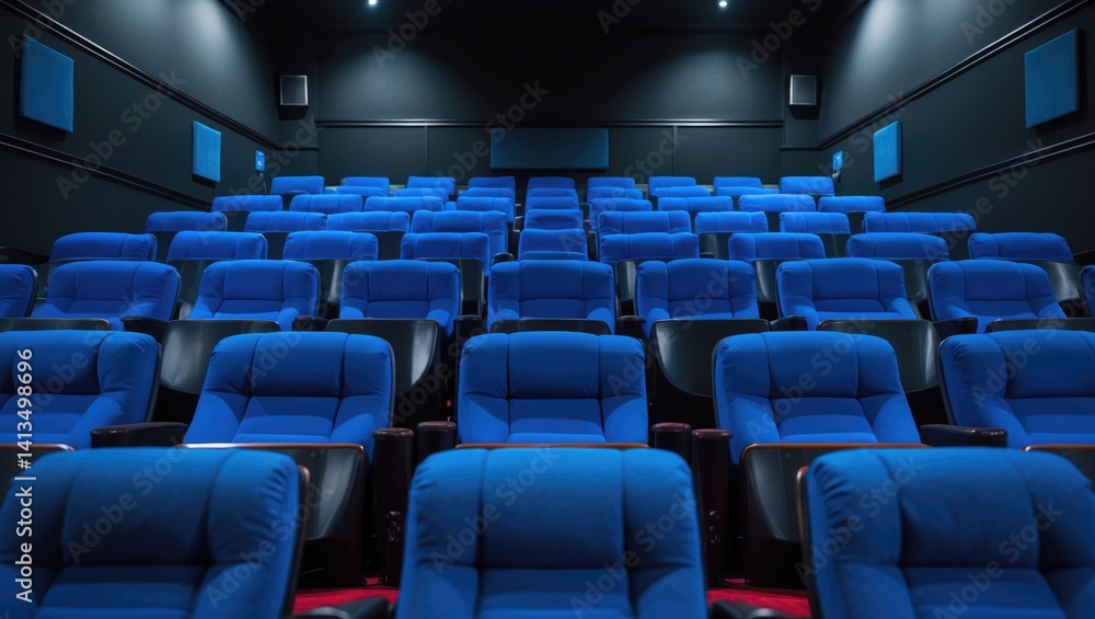 Fototapeta premium An empty blue movie theater with vacant seats, shrouded in darkness and silence, embodying the essence of cinema, films, and entertainment.
