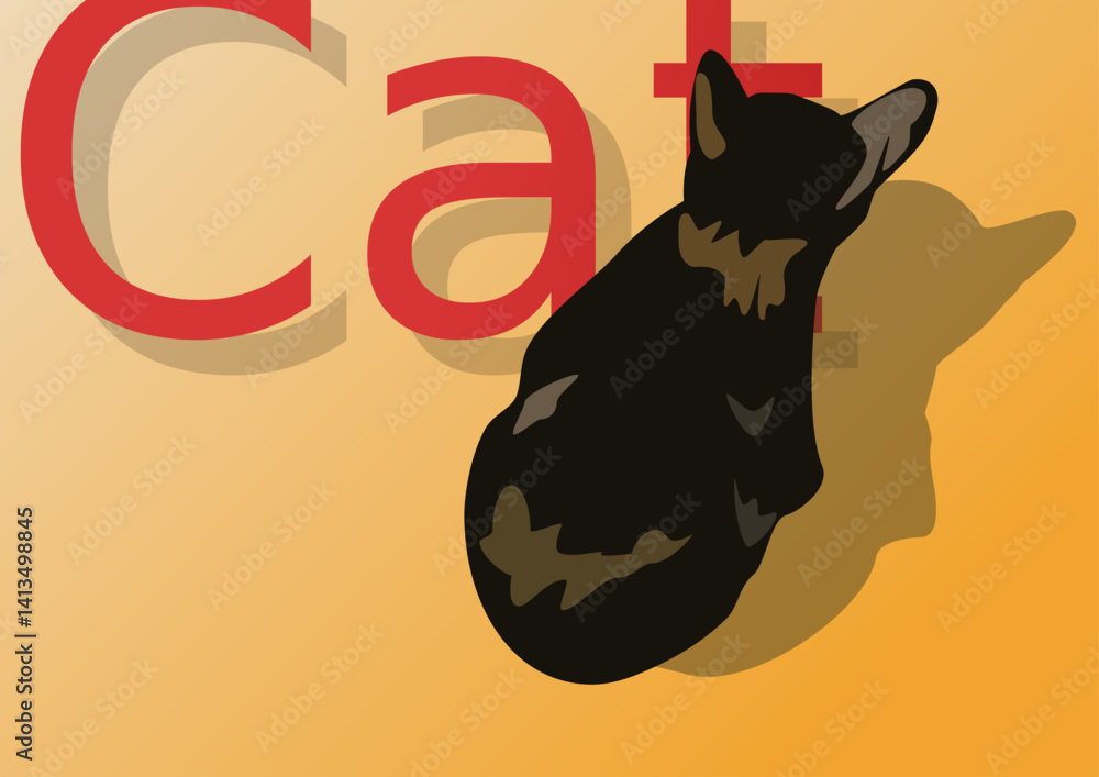 Cat vector illustration. Cute cat silhouette on the orange background.