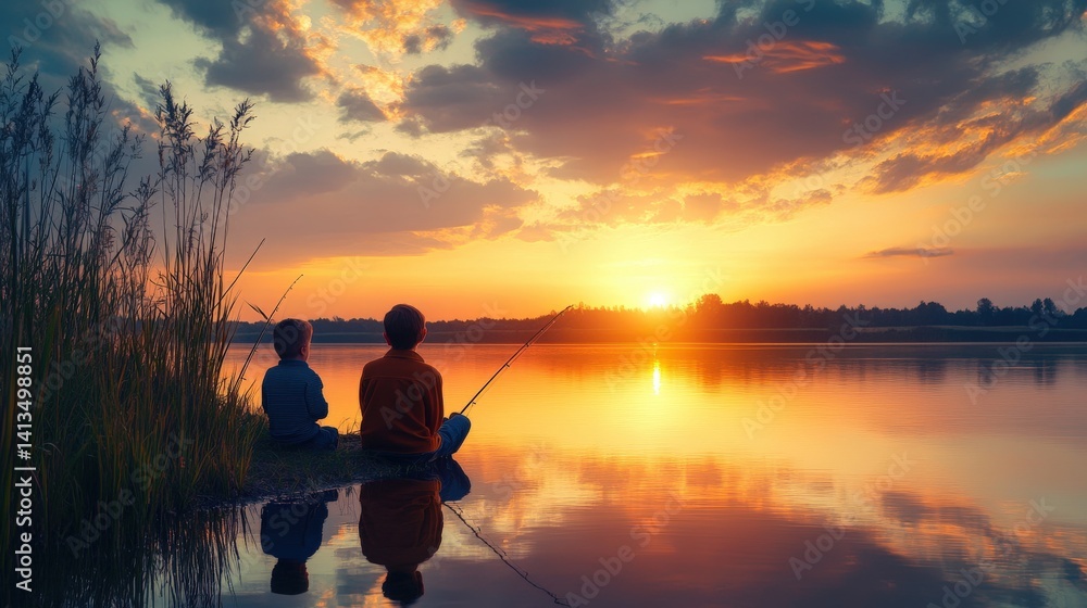 Two boys fishing at sunset by a tranquil lake. Two boys fishing at sunset by a tranquil lake.