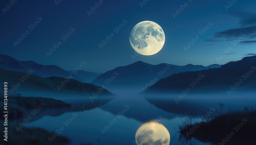 Naklejka premium Moonlit mountain night with reflections on the water