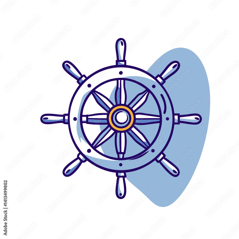 Minimalist vector illustration of classic ship steering wheel with eight handles and shadow, nautical navigation symbol, isolated on white background Minimalist vector illustration of classic ship steering wheel with eight handles and shadow, nautical navigation symbol, isolated on white background