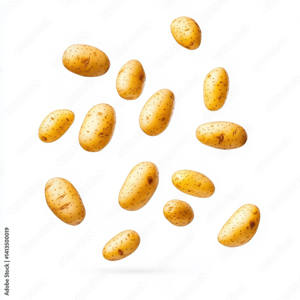 Obraz premium Fresh potatoes tumble against a clean white backdrop, showcasing their earthy color and rough texture beautifully.