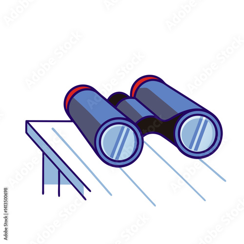 Minimalist vector illustration of binoculars on viewing platform, tourism and exploration concept, flat line art style, isolated on white background