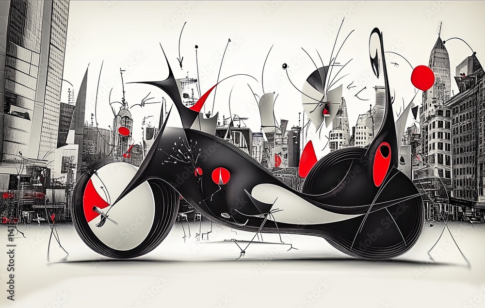 Motocykl abstrakcja styl Miro inspirowane surrealistycznym malarzem grafika Generative AI