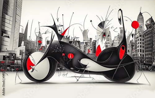 Obraz na płótnie Motocykl abstrakcja styl Miro inspirowane surrealistycznym malarzem grafika Generative AI
w salonie