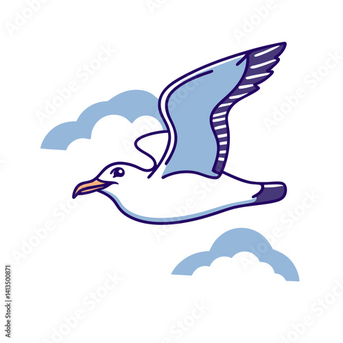Minimalist vector illustration of flying seagull with outstretched wings and clouds in background, peaceful bird in motion, isolated on white background