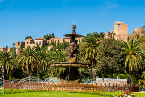 Las Tres Ninfas fountain in the roundabout in Plaza del General Torrijos, Malaga, Spain.
