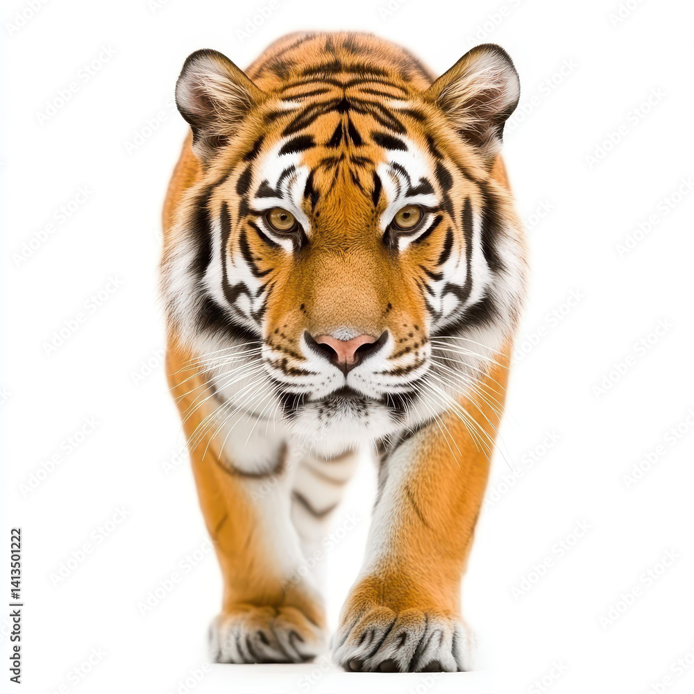 Obraz premium A majestic tiger stands poised and strong, showcasing its fierce beauty against a white backdrop.
