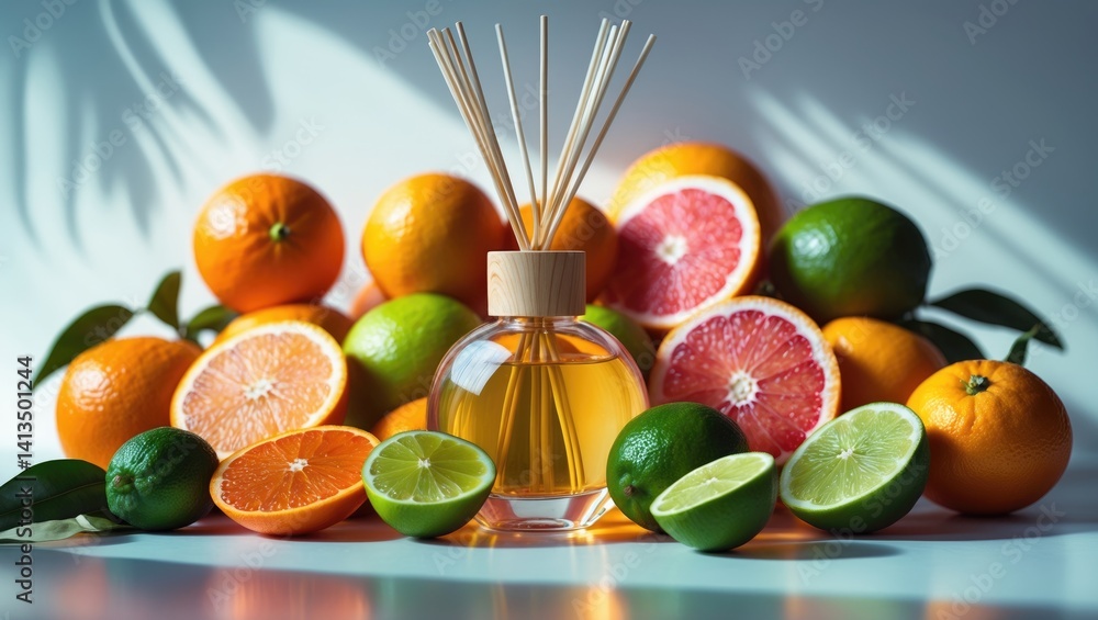 A table with a reed diffuser and different types of fruits