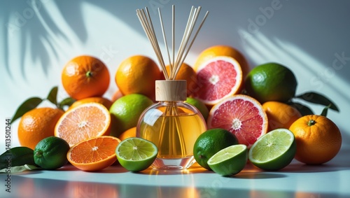 Obraz na płótnie A table with a reed diffuser and different types of fruits w salonie