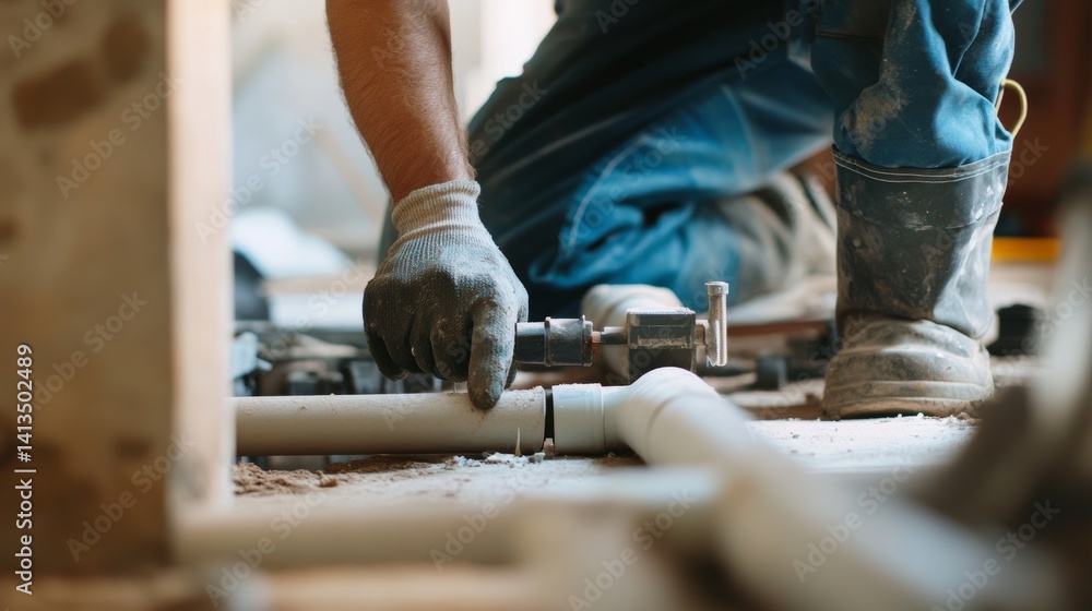 Construction worker fitting plumbing pipes under the floor. Featuring precision and focus Construction worker fitting plumbing pipes under the floor. Featuring precision and focus