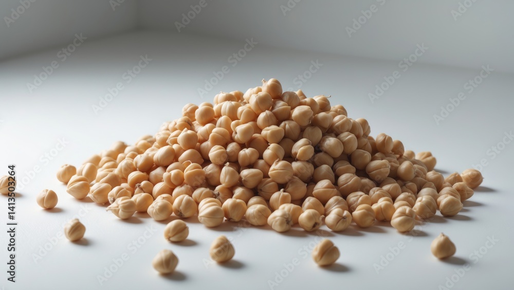 Chickpeas stacked closely on a white backdrop.