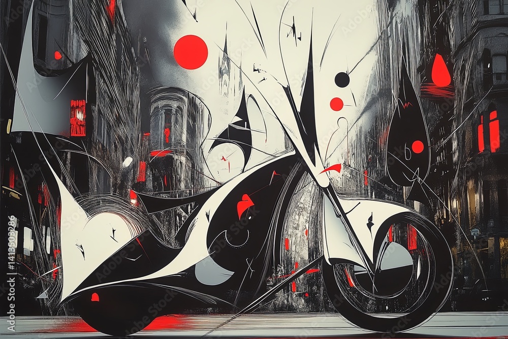 Motocykl abstrakcja styl Miro inspirowane surrealistycznym malarzem grafika Generative AI