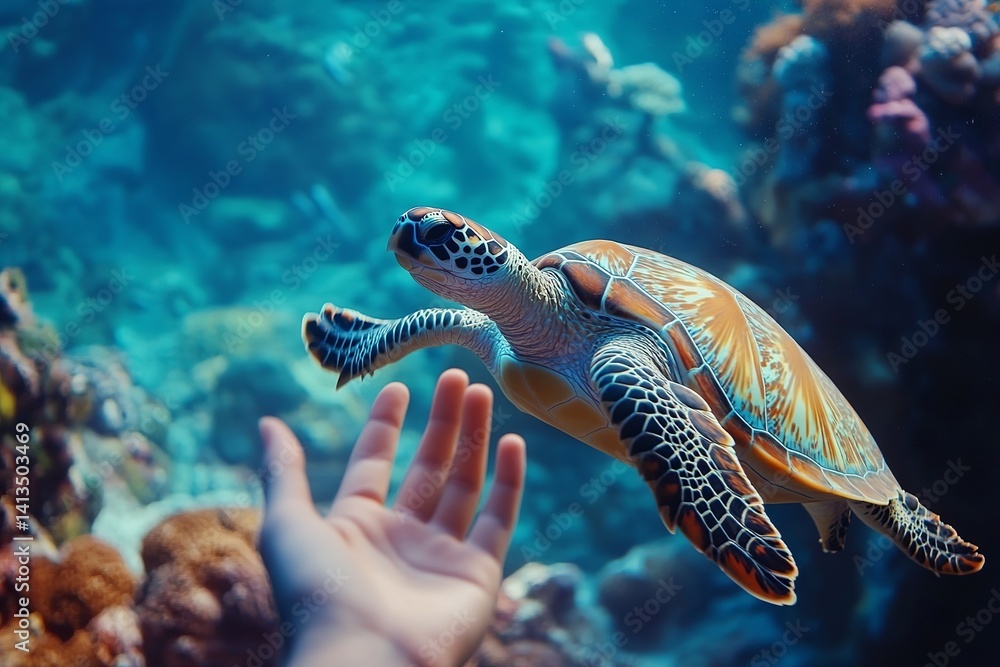 Fototapeta premium Sea turtle swimming towards a hand outstretched in clear blue ocean water with coral reef behind it