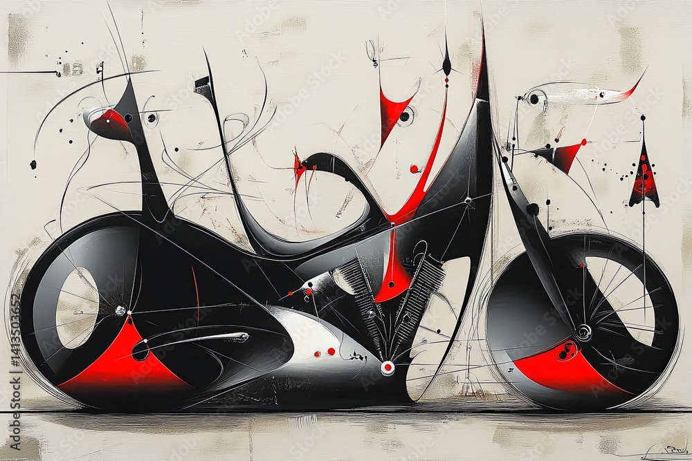 Motocykl abstrakcja styl Miro inspirowane surrealistycznym malarzem grafika Generative AI