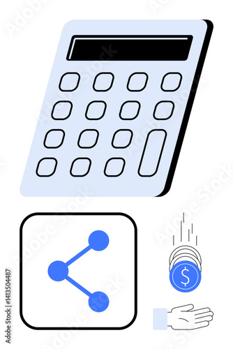 Calculator for calculations, share icon for connectivity, coins falling into a hand for income concept. Ideal for finance, budgeting, technology, sharing economy, accounting, savings simple landing