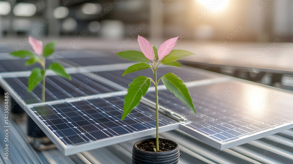 Fototapeta premium Sustainable energy and agriculture young plants growing with solar panels