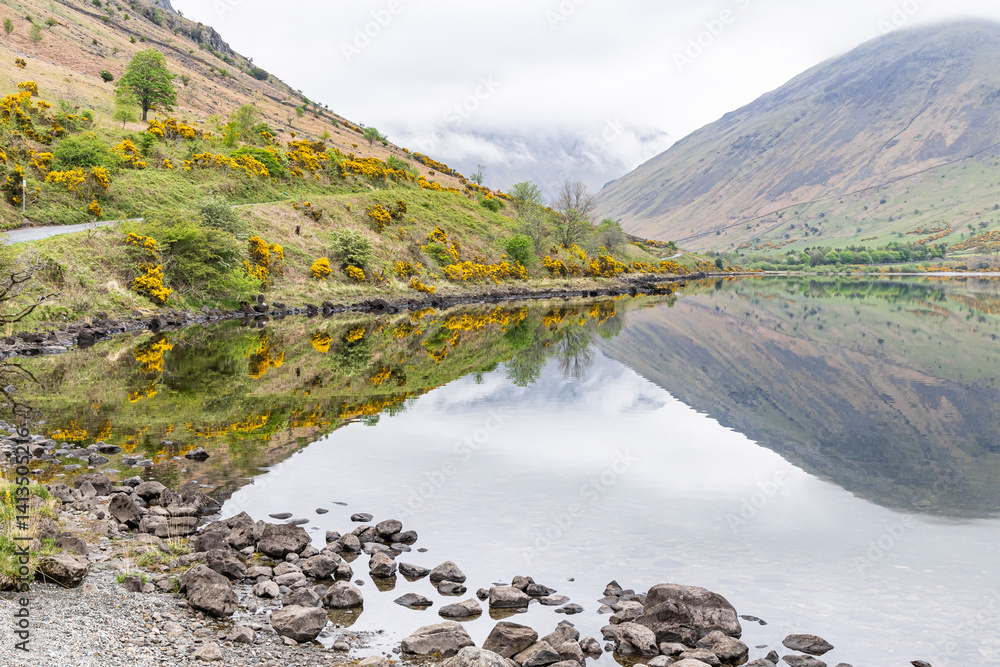 Fototapeta premium Wasdale Head, Seascale, Cumbria, England. Reflections on Wast Water lake in Lake District NP.