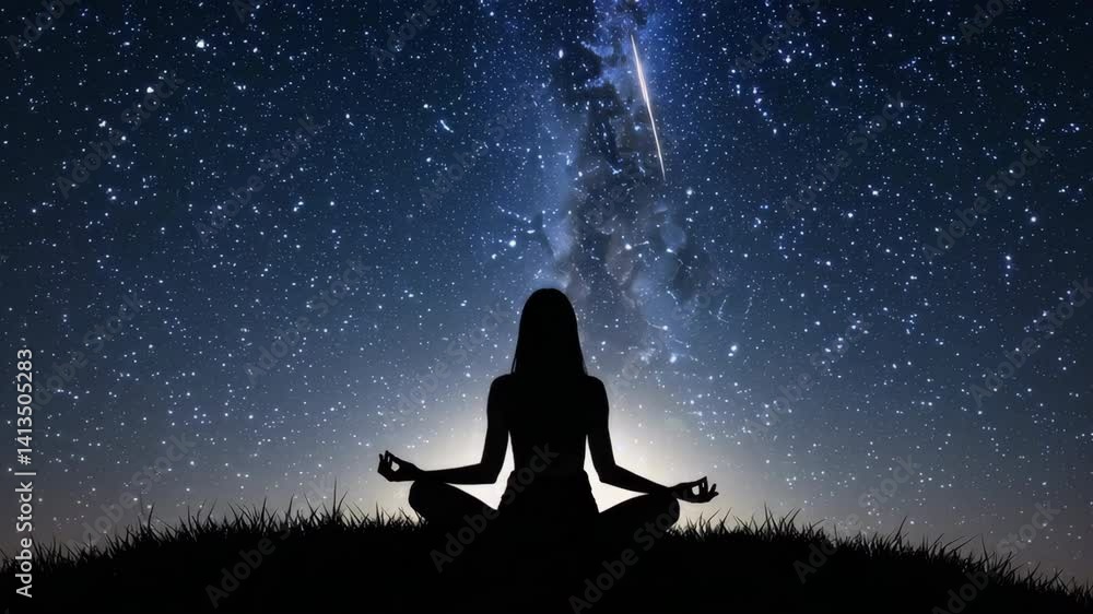 Woman meditating under shooting star and milky way Woman meditating under shooting star and milky way