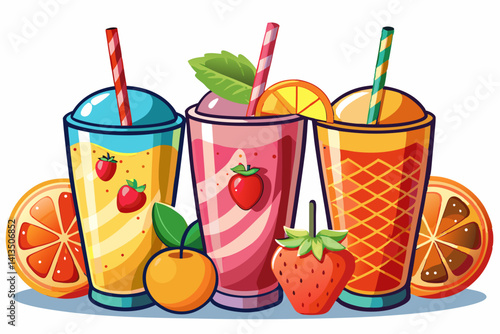 vector of Set of fruit smoothies with orange juice drink straws in a cup isolated on white