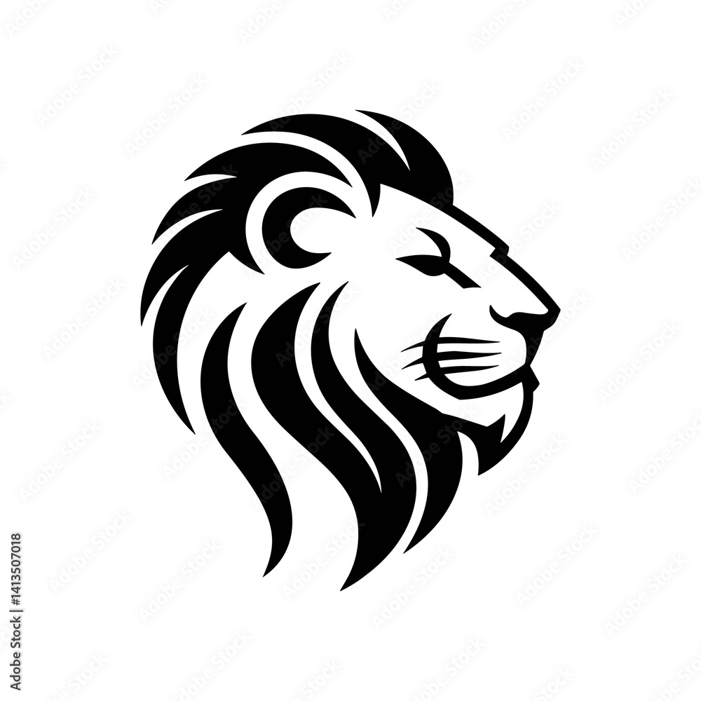 Fototapeta premium Lion head vector logo, Wild roaring lion king head tattoo set, Front and side view predator face, minimal lions heads icon black and white ink sketch silhouettes design, Eps, Ai, Svg format
