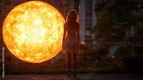 Silhouette of a woman in a dress gazing at a giant sun against an urban backdrop during twilight