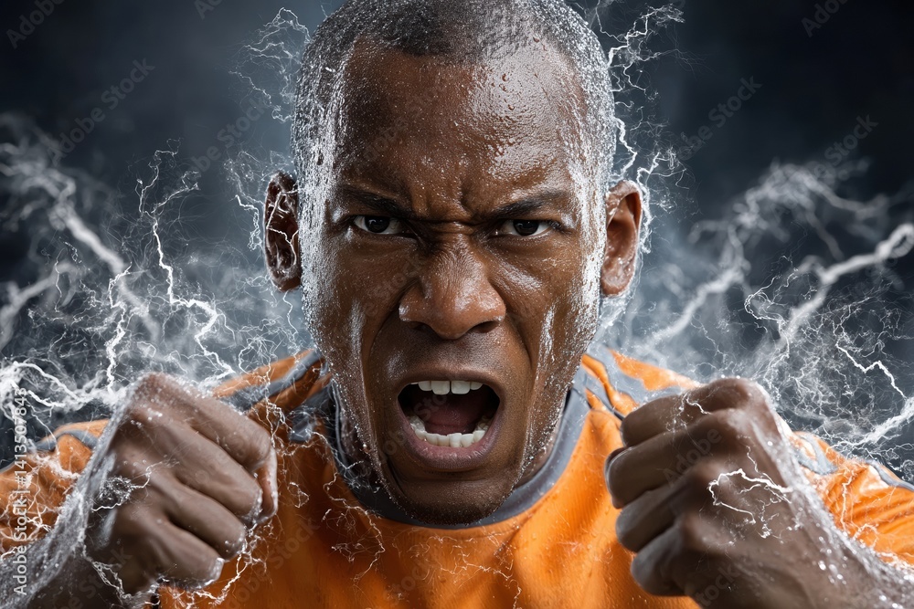 Intense african man expressing power in dynamic burst with energy, sport concept