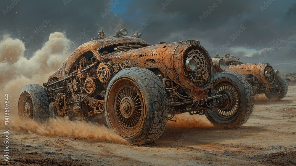 Steampunk-inspired racing cars on dusty track with dramatic sky and action-packed atmosphere