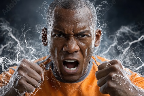 Obraz na płótnie Intense african man expressing power in dynamic burst with energy, sport concept w salonie