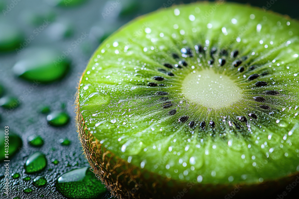 Fresh kiwi slice close-up with water droplets on vibrant green surface highlighting juicy seed texture