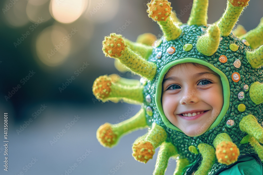 Smiling child in creative green costume with virus theme outdoors