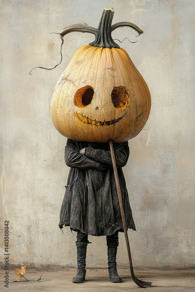 Quirky halloween costume with pumpkin head and vintage attire