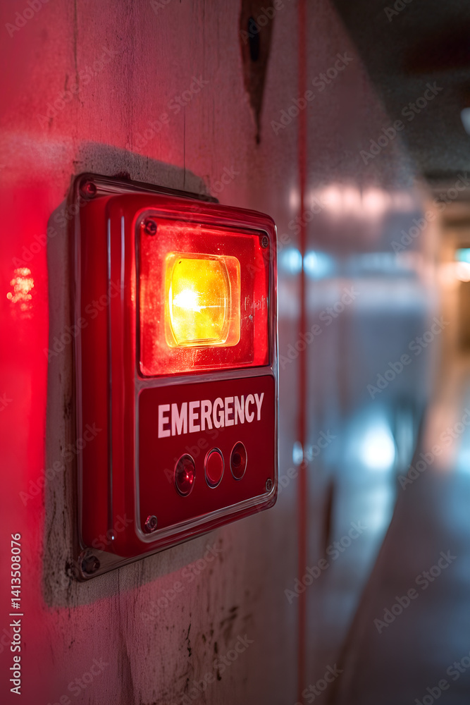 Red emergency alarm box with warning light in dimly lit hallway safety alert system
