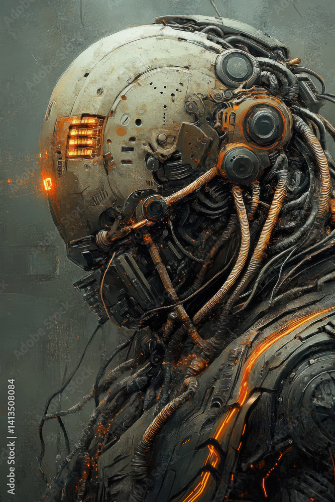 Futuristic cybernetic robot with intricate mechanical details and glowing orange highlights