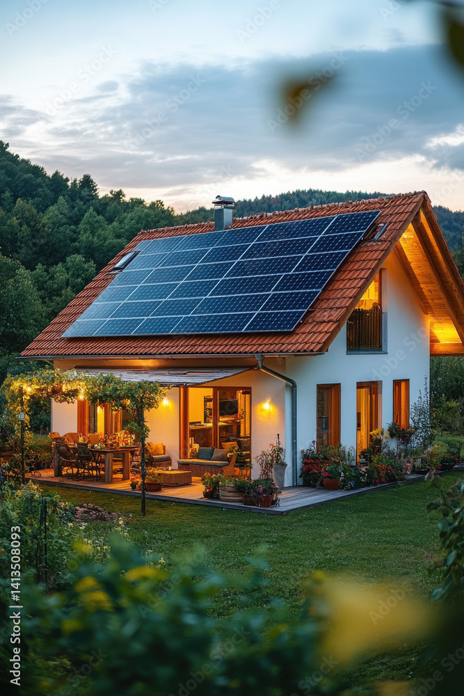 Sustainable modern house with solar panels and lush garden at dusk in scenic countryside
