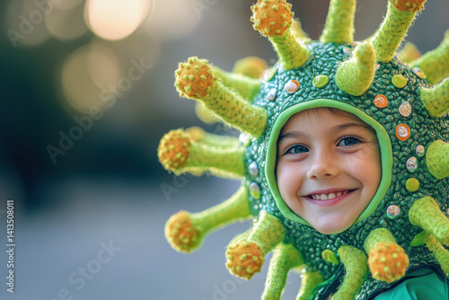 Obraz na płótnie Smiling child in creative green costume with virus theme outdoors w salonie