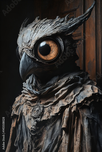 Owl costume with detailed feathers and lifelike eyes near wooden door in dramatic light