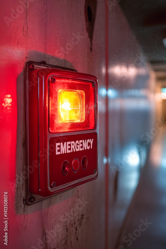 Obraz na płótnie Red emergency alarm box with warning light in dimly lit hallway safety alert system w salonie