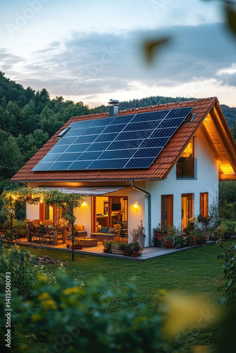 Obraz na płótnie Sustainable modern house with solar panels and lush garden at dusk in scenic countryside w salonie