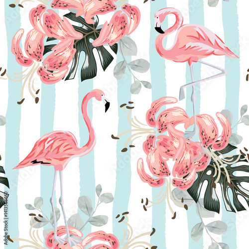 Tropical pink flamingo, lily flowers, leaves, striped background. Vector seamless pattern. Floral illustration. Exotic plants, birds. Summer beach design. Paradise nature