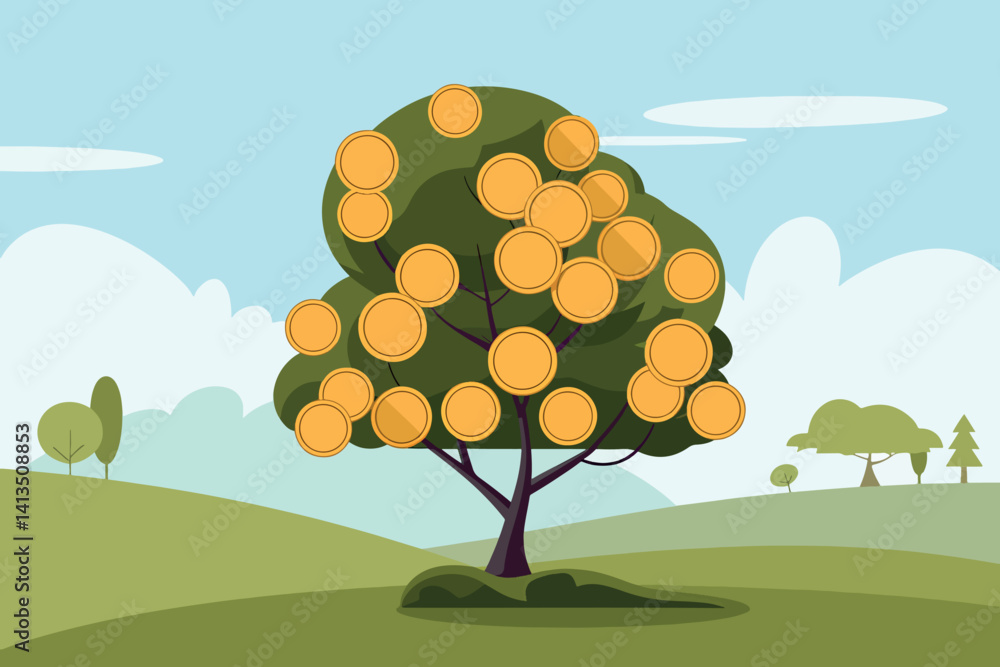 Tree with coin shaped leaves, finance and business concept