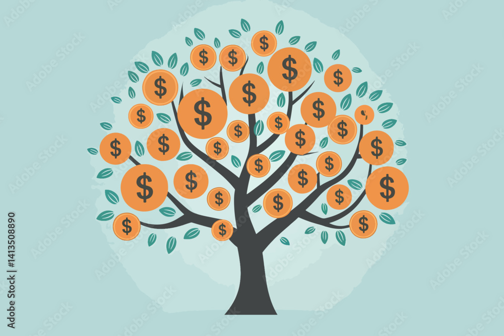 Tree with coin shaped leaves, finance and business concept