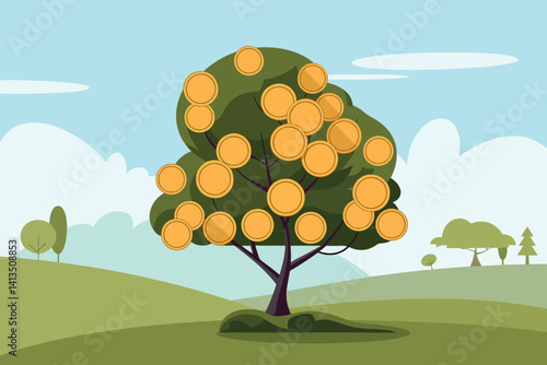 Obraz na płótnie Tree with coin shaped leaves, finance and business concept w salonie
