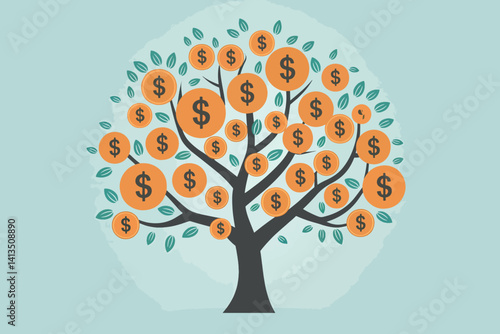 Tree with coin shaped leaves, finance and business concept