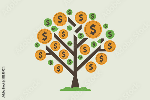 Tree with coin shaped leaves, finance and business concept