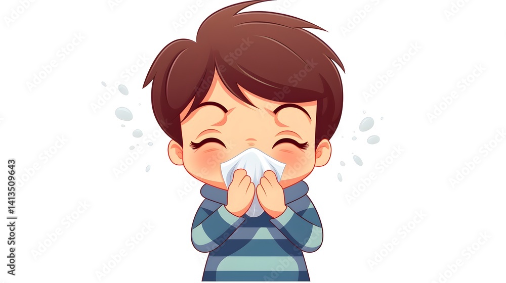 Professional Illustration of a Cute Little Boy Sneezing Due to Flu Infection Professional Illustration of a Cute Little Boy Sneezing Due to Flu Infection