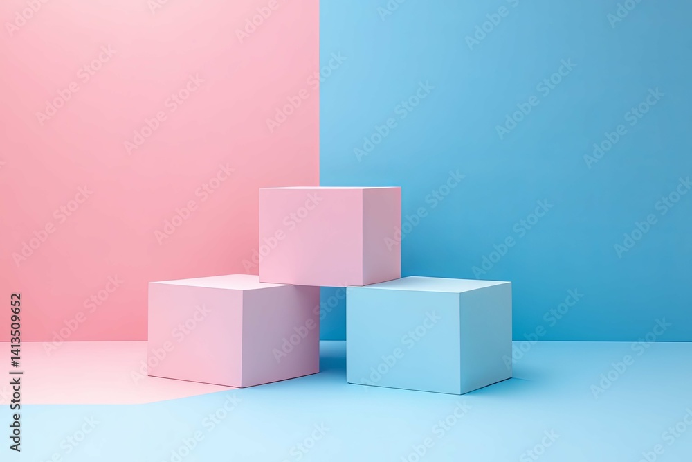 Three Pastel Colored Cubes Composed Against Two Tone Background Three Pastel Colored Cubes Composed Against Two Tone Background