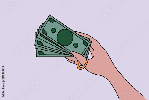Vector illustration of a hand holding a bunch of money notes, concept of finance and wealth