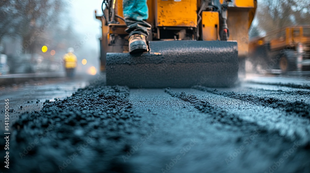 Close-up view of asphalt paving in progress. Close-up view of asphalt paving in progress.