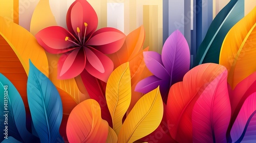 Wallpaper Mural Red paper flower is blooming alongside colorful leaves against a background of vertical stripes and subtle lighting effects. Torontodigital.ca